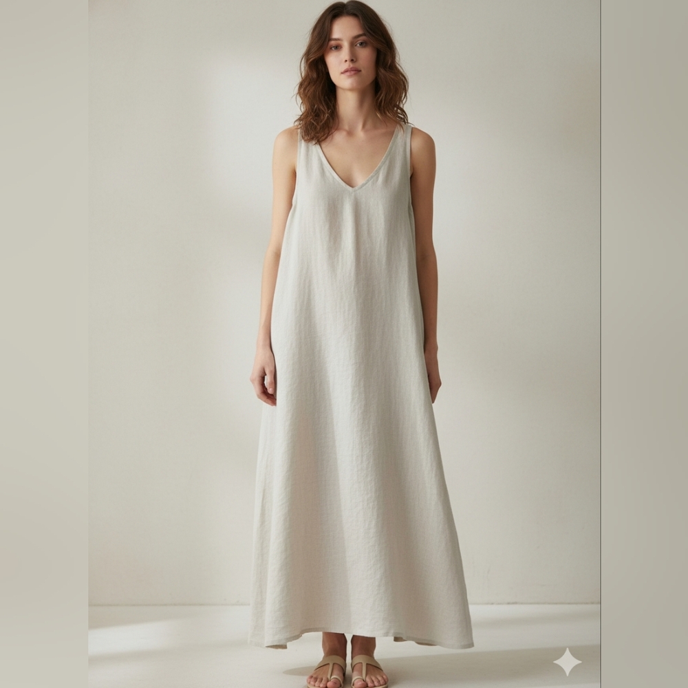 White Sleeveless 100% Linen Dress